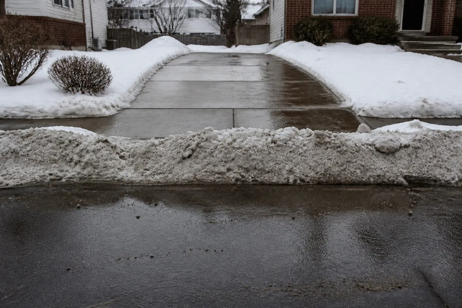 Ridge of packed snow the Rochester city plow left across a driveway mouth